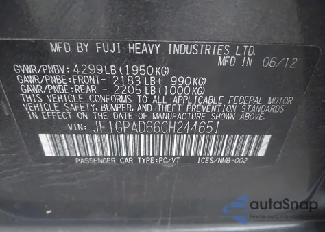 2012 Subaru Impreza 2.0I Premium from USA, damaged, VIN JF1GPAD66CH244651